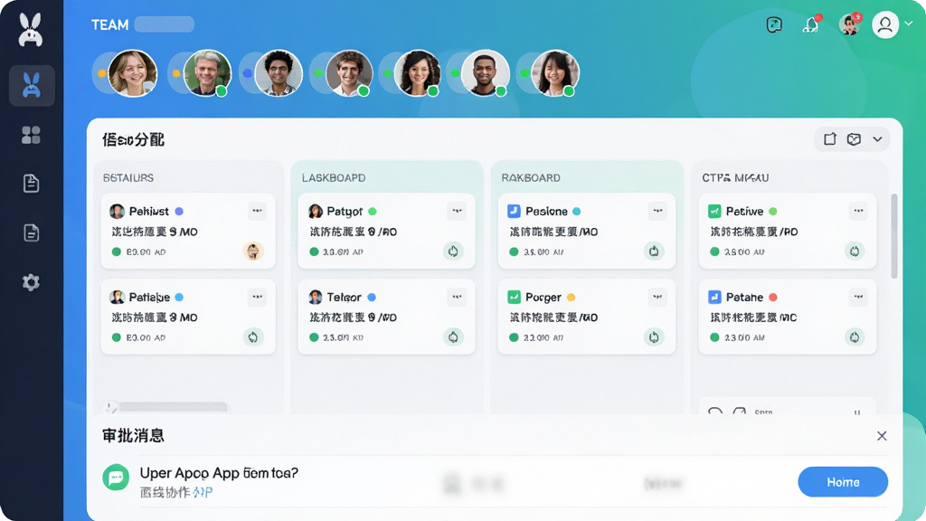 ���壺����App���Ŷ�Э�����棬��ʾ�������ͳ�Ա����״̬�����֣�����Ϊ�Ŷӳ�Աͷ���б����м�Ϊ���񿴰壬�ײ�Ϊ������Ϣ���Ű棺����Ƭ��״̬���У���Ա״̬�ò�ɫԲ���ʾ�������ˬ��Э�������ɫ����ɫ��׺�����ʣ����壬�޶���Ԫ�ء�