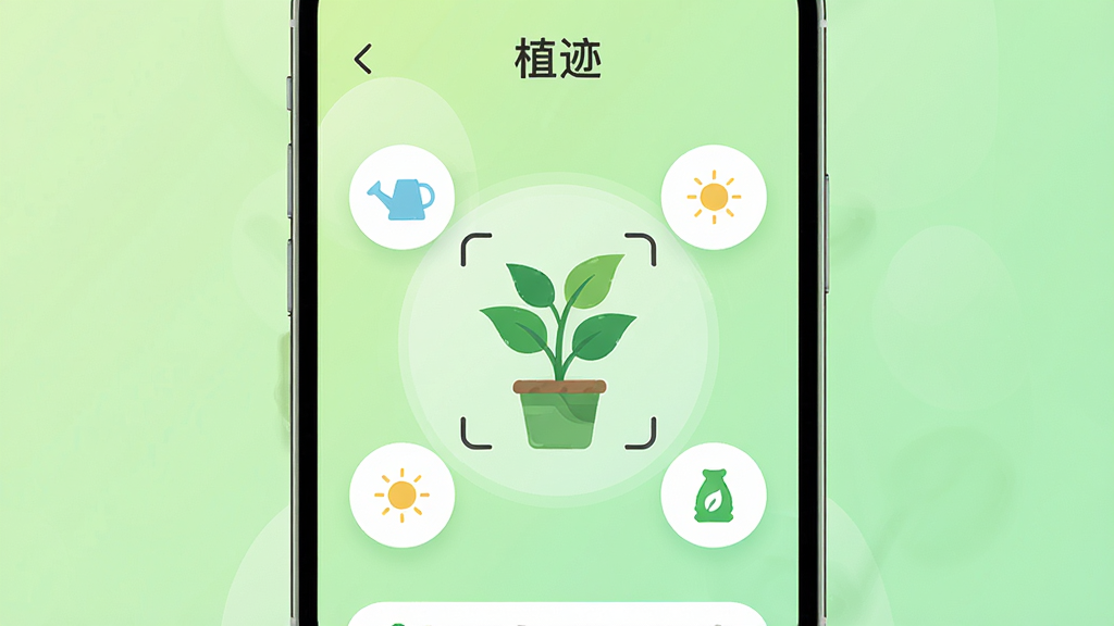 һ��չʾ�ֻ�App��ֲ����������ĸ�������ͼƬ������������һ����ֲ��ʶ�𶯻�����Χ�����Ž�ˮ�����ա�ʩ�ʵ�Բ�ι���ͼ�꣬����Ϊ���µĵ���ɫ���䣬���沼�ּ��Բ���������ִ���ƽ�����ʸɾ��޶���Ԫ�ء�