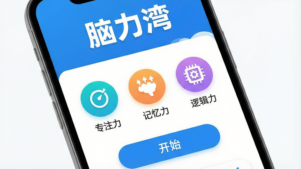 һ��չʾ������app���Ľ���ĸ����ͼ���������ֻ���Ļ�ڵ����˵��������������Ϸ���ʾ�������塱����Logo���м������š�רע���������������������߼������ȼ�����ɫԲ��ͼ�꣬�ײ��ǿ�ʼ��ť�������������죬������ɫ����ƽ����ƣ�ϸ��Բ�󣬻��ʸɾ��޶���Ԫ�ء�
