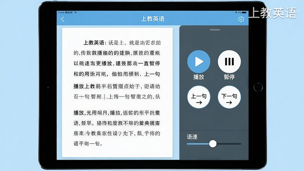 һ��ƽ���������ʾ���Ͻ�Ӣ�App�ĵ�����棬����ǿα�ҳ�����֣��Ҳ��ǿ��������С����š�����ͣ������һ�䡱����һ�䡱�ĸ�Բ�ΰ�ť���ײ������ٵ��ڻ��飬����Ϊǳ��ɫ�������Ű���ˬ�����ʸɾ��������Ͻ�Ӣ�ˮӡ��