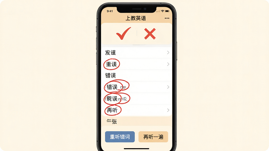 һ���ֻ���Ļ��ͼ��չʾ���Ͻ�Ӣ�App�ĵ�����д���ҳ�棬�Ϸ���ʾ��ɫ�Թ��ʹ��棬�м��ǵ����б������󵥴ʱ���ɫԲȦ��ע���·��С��������ʡ�������һ�顱������ť��������ů��ɫ�����ʸɾ��޶���Ԫ�ء�