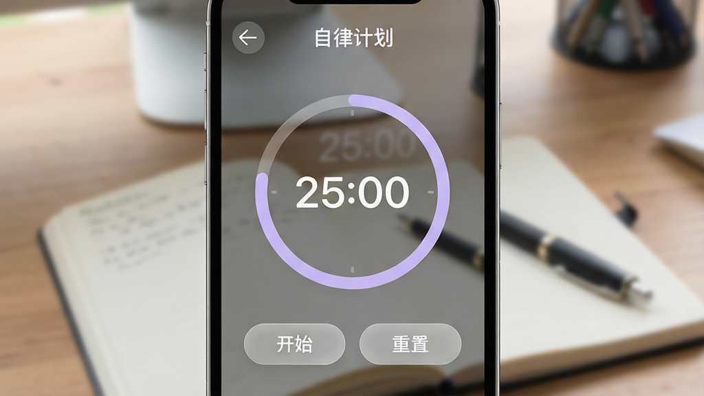 һ���ִ���Լ�����ֻ�App������д����Ļ������һ����Ŀ��Բ�μ�ʱ������ʾ��25:00������Χ������һȦ����ɫ�Ľ��Ȼ�����ʱ���·��С���ʼ���͡����á�����ë�����ʸеİ�ť�����涥��д�š����ɼƻ����ĸ��֣������һ�����ؼ�ͷͼ�꣬���汳����һ��ģ����������������Ƭ���ܿ���̯���ıʼǱ��ͱʣ����廭��ɾ�ͨ͸����ƽ����ƣ�ɫ����ͣ�ϸ�ھ��£����ʸ��塣