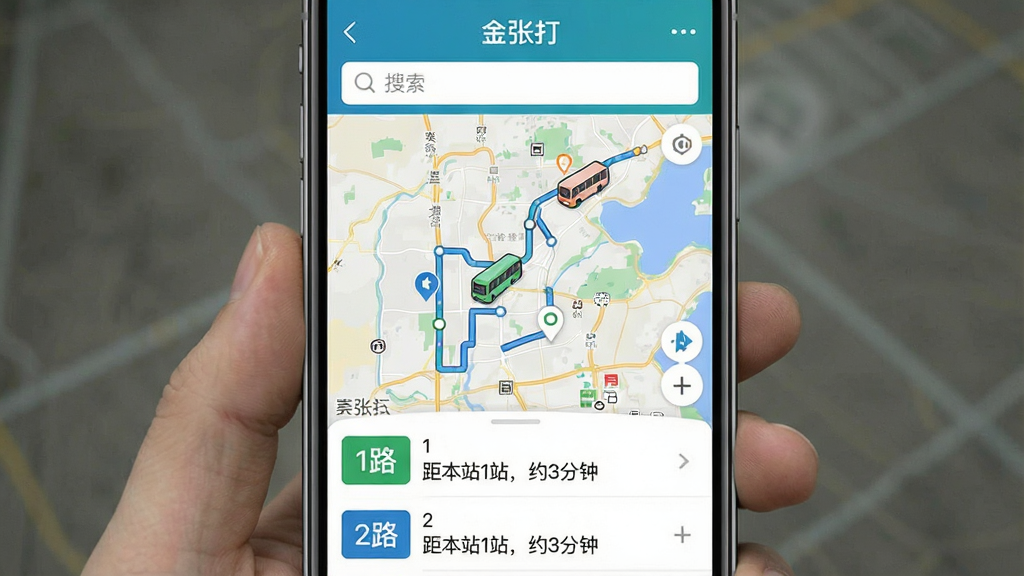 һ���ֻ���ͼչʾ������Ҵ��APP��ʵʱ��������ҳ�棬��ͼ����ʾ������λ�ú���ʻ·�ߣ��ײ��й�����·�б�����ʾ��1·���͡�2·���ĵ�վ��Ϣ���硰�౾վ1վ��Լ3���ӡ���ҳ�涥����������������Ƽ�࣬��ͼ�����������Ϣֱ�ۡ�