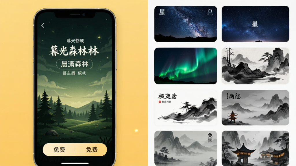 ��������App�����̳ǽ�����ֻ���ͼ�������Ļչʾ��ǰʹ�õ�ĺ��ɭ������Ч�����Ҳ����������е���������ͼ�б������ǿա����⡢ˮī�ȷ���·���Ӧ�ð�ť������Ϊů��ɫ������ɾ�������ͻ������ḻ��������ѣ�ϸ���޶���Ԫ��