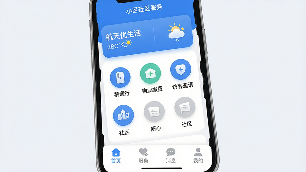����������APP������չʾ���ֻ���Ļ����ʾ������ɫ���ǻ���������ҳ�棬������С�����ƺ�������Ϣ���м������Ž�ͨ�С���ҵ�ɷѡ��ÿ����롢���������Բ�ι���ͼ�꣬�ײ�������������ע��ҳ��������Ϣ���ҵ��ĸ�ѡ����������ִ���ƽ��ϸ��Բ�󣬻��ʸɾ��޶���Ԫ��