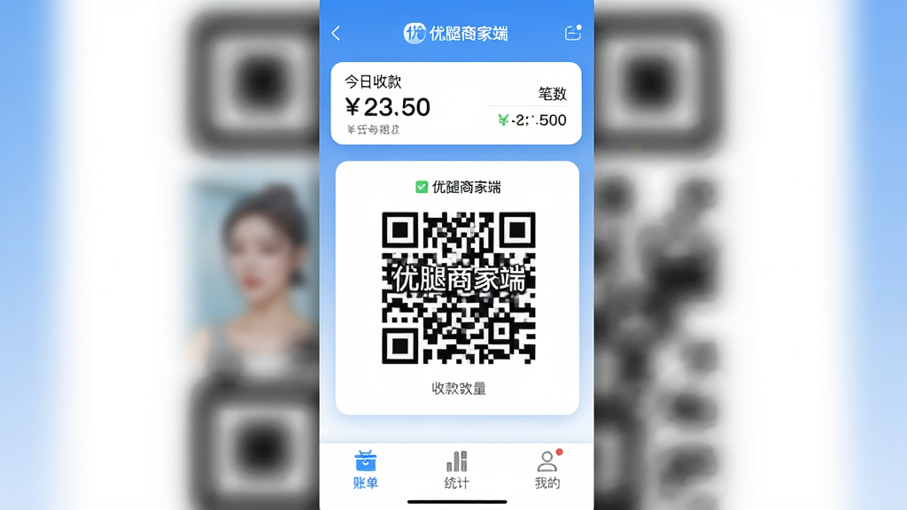 һ�������ֻ������ͼ�������ֻ滭������Ϊ�������̼Ҷˡ�APP�����棬����������������ʾ�������տ���ͱ������м�Ϊ��Ŀ���տ��ά�룬�ײ����˵���ͳ�ơ��ҵ�����ѡ�������Ϊ�������׽��䣬����ִ���ƽ��ϸ��Բ�󣬻��ʸɾ����޶���Ԫ�أ�ͼƬ�������������֡������̼Ҷˡ�