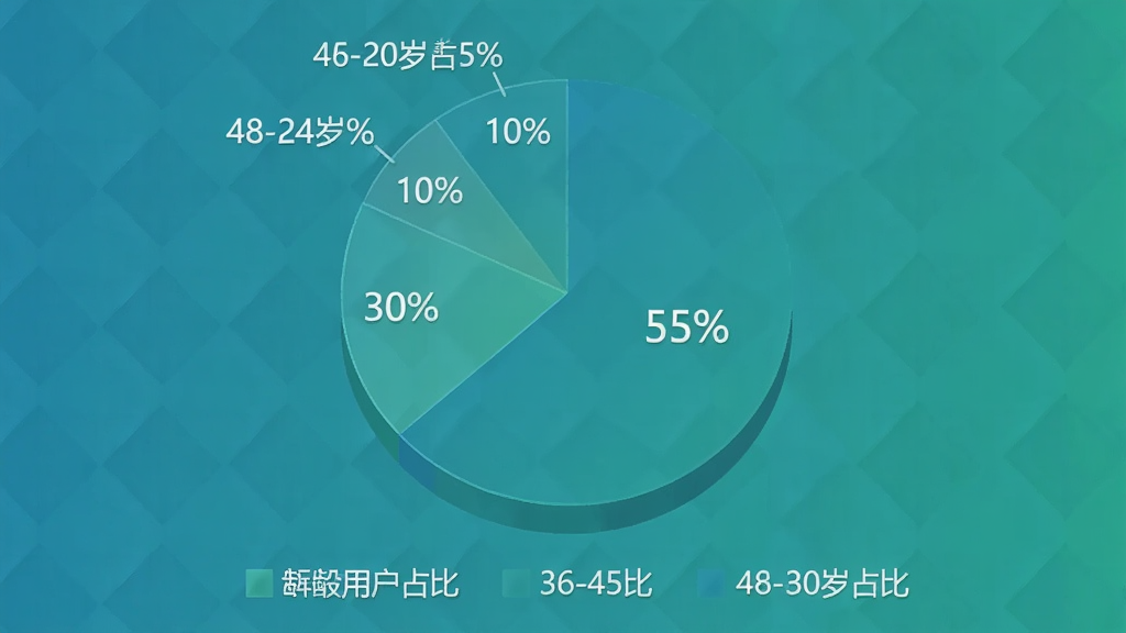 һ���û�����ȵ���ͼ���������ֻ滭������Ϊһ�ű�״ͼ����ʾ��ͬ������û�ռ�ȣ�����25-35��ռ55%��36-45��ռ30%��18-24��ռ10%��46-60��ռ5%��ͼ���·�������ͼ��˵��������������ɫ��Ϊ�����Ű�����������ִ���࣬���ʸɾ����޶���Ԫ��