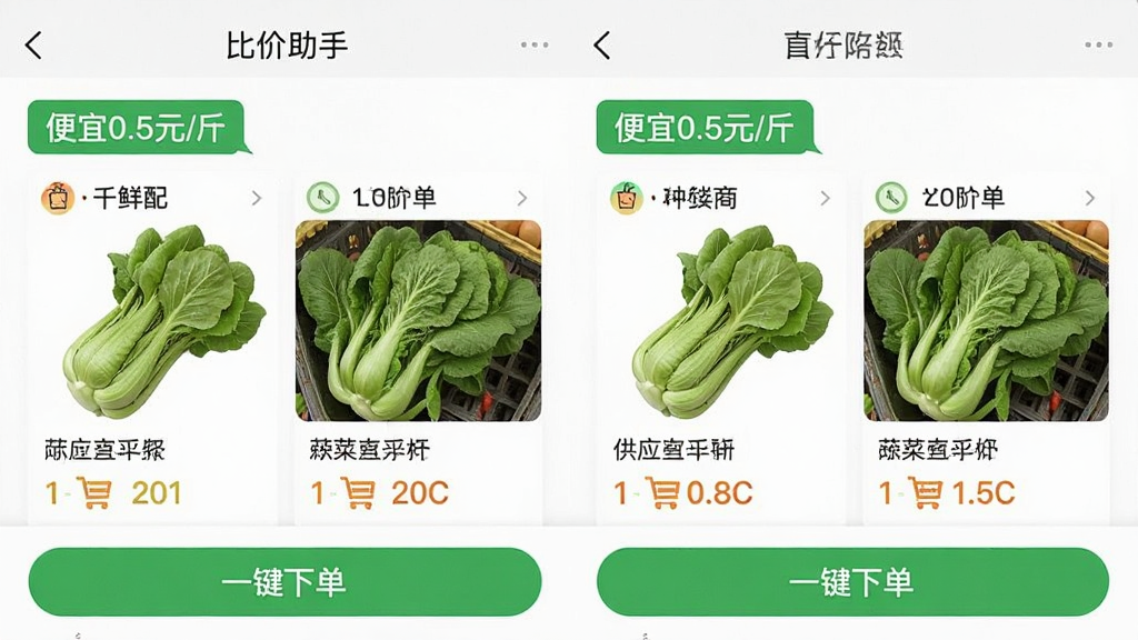 һ��ǧ����App�ġ��ȼ����֡����ܽ����ͼ���������ҷ����Ա�չʾ��ͬ��Ӧ�̵�ͬ���߲˼۸���������ɫ��ǩ���������0.5Ԫ/����·��С�һ���µ�����ť�������Ű�����ֱ�ۣ����ʸɾ��޶���Ԫ�ء�