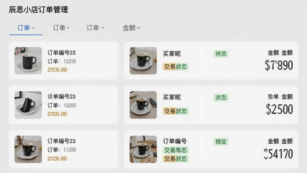 ����չʾͼ��չʾ��˼С�궩���������棬�б���ʽ��ʾ���������Ƭ��ÿ�ſ�Ƭ������Ʒ����ͼ��������š�����ǳơ�����״̬��ǩ�ͽ����Ϣ�������ж�������ѡ������汳��Ϊǳ��ɫ�����ݲ������룬�Ӿ�Ч�����������ʸɾ����޶���Ԫ�ء�