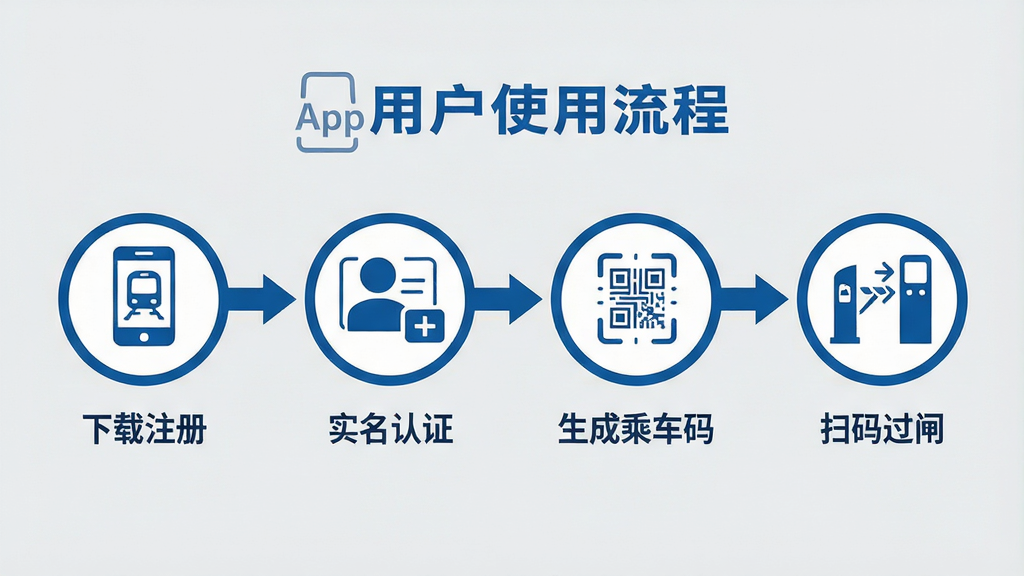 ���壺һ�ż�����˵��û�ʹ������ͼ��չʾ**��ǵ���**App�����ء�ע�ᡢʵ����֤��ˢ���բ���������衣���֣�����ͼ���ú���ʱ������ƣ���Ϊ�ĸ��ڵ㣬ÿ���ڵ�����Сͼ�ꡣ�Ű棺ÿ���ڵ��·������ֱ�ǩ���硰����ע�ᡱ����ʵ����֤���������ɳ˳��롱����ɨ���բ����������ü�ͷ���ӡ���񣺱�ƽ����Ϣͼ�����ɫ��Ϊ���ͺ��ص�������ɫ�Ͱ�ɫ��ϸ�ڣ�ͼ����ƾ�ϸ����ͷָʾ����������Ϊǳ��ɫ��ͻ���������ݡ����ʣ�ʸ���������ƽ��������ɾ����޶���Ԫ�ء�