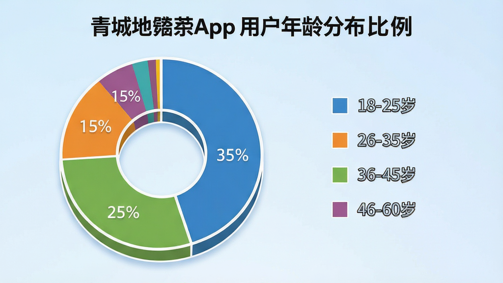 ���壺һ��Բ����״ͼ��չʾ**��ǵ���**App�û�����ֲ����������֣���״ͼλ�ڻ�������ƫ���Ҳ�����ͼ��˵�����Ű棺��״ͼ��ͬ������ɫ�������ԣ�ͼ��������������ע��18-25�ꡢ26-35�ꡢ36-45�ꡢ46-60�������ΰٷֱȡ����������Ϣͼ�����ɫ�ʴ����г������Ϊǳ��ɫ���䡣ϸ�ڣ�ÿ��������Ե�а�ɫ��ߣ�ͼ����������ɫһһ��Ӧ�������Ӿ�ƽ�⡣���ʣ��������ȣ�ͼ����Ⱦ�������ɾ��޶���Ԫ�ء�