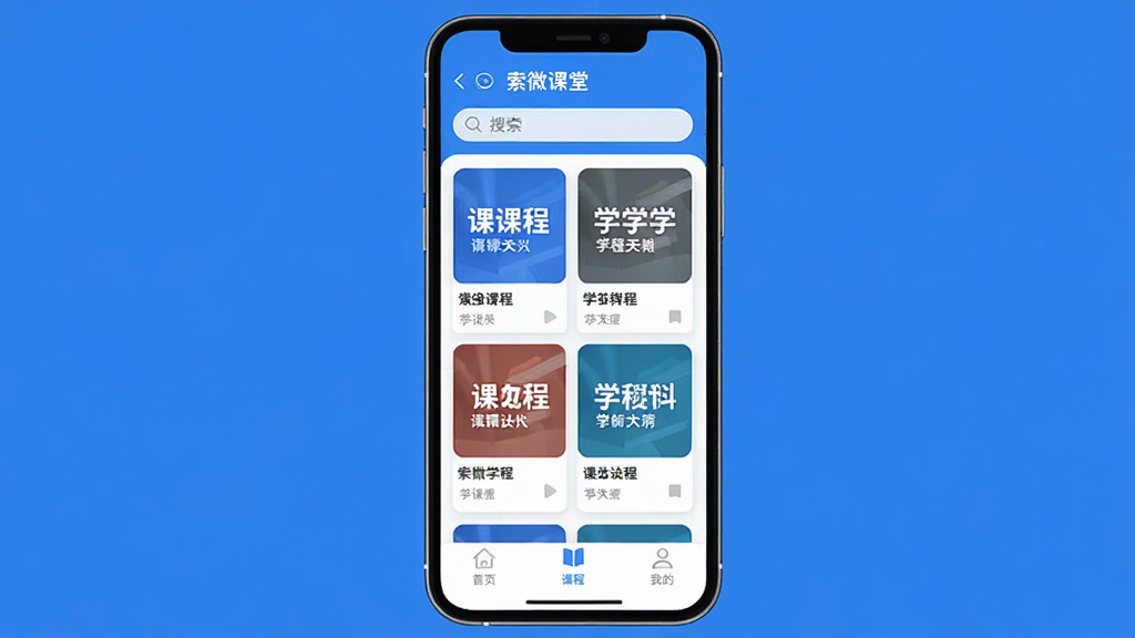 һ�������ֻ���Ļչʾ����΢���á�APP�Ŀγ��б�ҳ�棬�������������ɫ�������������������м��Կ�Ƭ��ʽ���и���ѧ�ƵĿγ̷��棬�ײ��С���ҳ�������γ̡������ҵġ�������ǩ�����岼�������ִ�����ƽ����Ʒ�񣬻��ʸɾ��޶���Ԫ�ء�