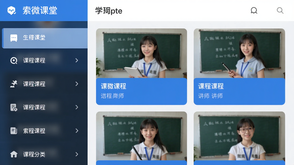 һ�š���΢���á�APP�Ŀγ̷�����棬����Ǵ�ֱ��ѧ�Ʒ����б����Ҳ�չʾ��Ӧ�Ŀγ̿�Ƭ����ͼ����Ƭ���пγ����ƺͽ�ʦ���������������ƽ������ɫ�Ͱ�ɫΪ�������������ɾ��޶���Ԫ�ء�
