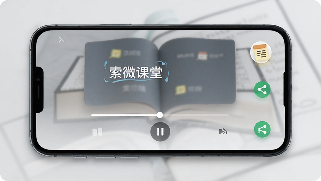 һ�š���΢���á�APP���ֻ������еĽ�ͼ����Ļ����ʾ�γ̲��Ž��棬�н���������ͣ��ť����Χ�бʼǺͷ���ͼ�꣬�ֻ�����Ϊǳ��ɫ��������дʵ�����������ɾ��޶���Ԫ�ء�