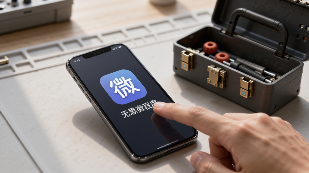 一张高清特写图片,画面中一只手正在点击手机屏幕上的“无思微程序”图标,手机旁边放着一个小型工具箱,暗示软件的“百宝箱”属性,背景为干净的工作台,光影柔和,画质细腻,突出“无思微程序”的实用与便捷。
