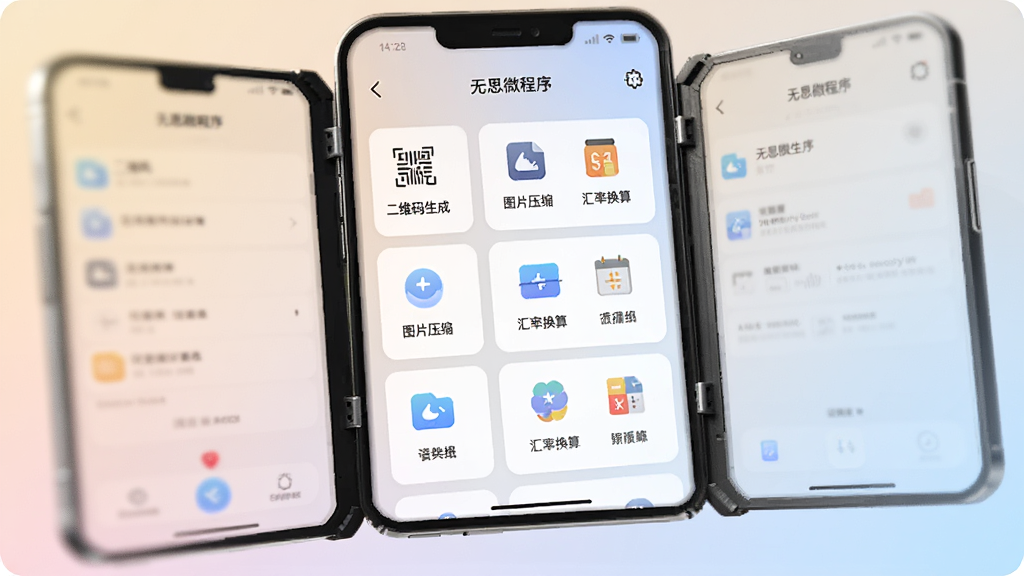 高清数字渲染图,画面主体是一个打开的“无思微程序”应用界面,界面内整齐排列着各种小巧的功能卡片,例如“二维码生成”、“图片压缩”、“汇率换算”等,每个卡片都配有简洁的图标,背景为柔和的渐变色,整体风格干净明亮,突出“无思微程序”的轻巧与便捷。