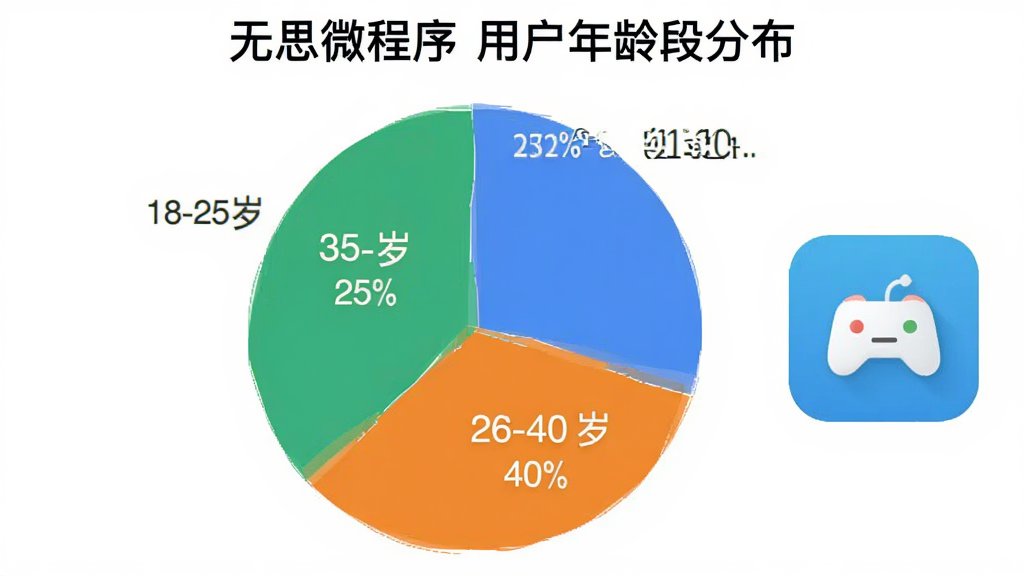 饼状图展示“无思微程序”用户年龄段分布,18-25岁占35%,26-40岁占40%,41-60岁占25%,图表配色清晰,旁边配以简单的应用图标,整体风格简洁直观,数字标注清楚。