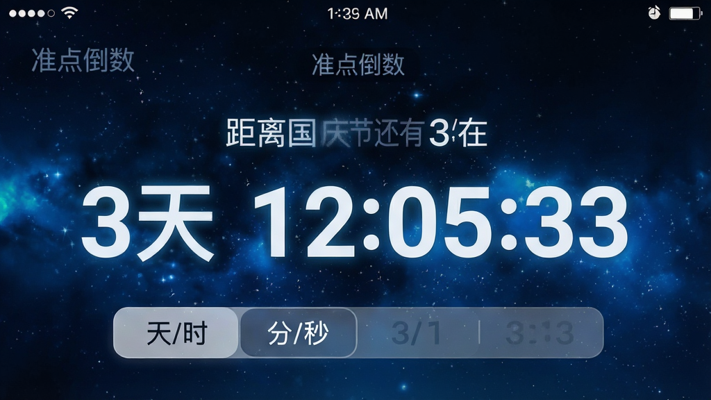 ���壺��׼�㵹����Ӧ�õļ�ʱ������д����ʾ���������ڻ��� 3�� 12:05:33�������֣����������Ǵ�ߴ�ĵ���ʱ���֣��·��С���/ʱ/��/�롱�ĸ��л���ť���Ű棺���ֲ��ô����޳������壬��ťΪ��͸��Բ�Ǿ��Ρ���񣺼���Ƽ��У�����Ϊ����ɫ�ǿս��䡣ϸ�ڣ����ֱ�Ե��΢������Ч������Ļ����״̬����ʾʱ��͵��������ʣ��߷ֱ��ʣ�ϸ�ڷḻ���ɾ��޶���Ԫ�ء�