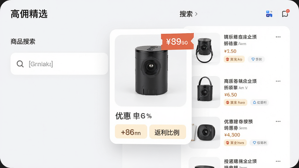 以「高佣精选」App为画面主体,展示其商品搜索功能,左侧是输入框,右侧为搜索结果列表,背景为淡灰色,中间悬浮显示一个放大的商品卡片带价格标签,布局左右分明,排版简洁,风格写实,细节包含优惠券金额和返利比例,画质干净无多余元素