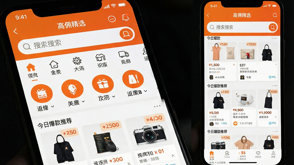 一张高清手机截图拼贴,主体是「高佣精选」App的首页界面,显示搜索框、分类图标和今日爆款推荐列表,布局从上到下依次为状态栏、搜索区、金刚区图标、信息流卡片,排版整齐,风格现代扁平,主色调为橙色与白色,细节包括商品价格和返佣比例标签,画质清晰干净无多余元素