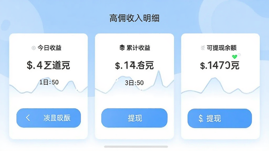 主体为「高佣精选」App的收入明细页面,显示今日收益、累计收益和可提现余额,布局为卡片式信息层级,排版居中对称,风格清爽,背景为浅蓝色,细节有金额数字和提现按钮,画质干净无多余元素