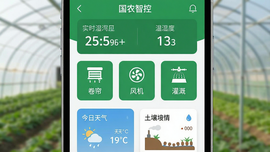 ͼƬ������һ���ֻ���Ļ��д����Ļ��������ʾ����ũ�ǿء�APP�����棬��������ɫ�Ͱ�ɫΪ��ɫ����������ʾʵʱ�¶�ʪ�����ݣ��м��Ǽ���������豸���ư�ť���硰���������������������ȡ���ͼ���࣬�·��н����������������鿨Ƭ�����岼�����������ʸɾ��޶���Ԫ�أ�����ִ���ƽ��������ͣ��ֻ��ܱ���ũ����ﱳ���黯