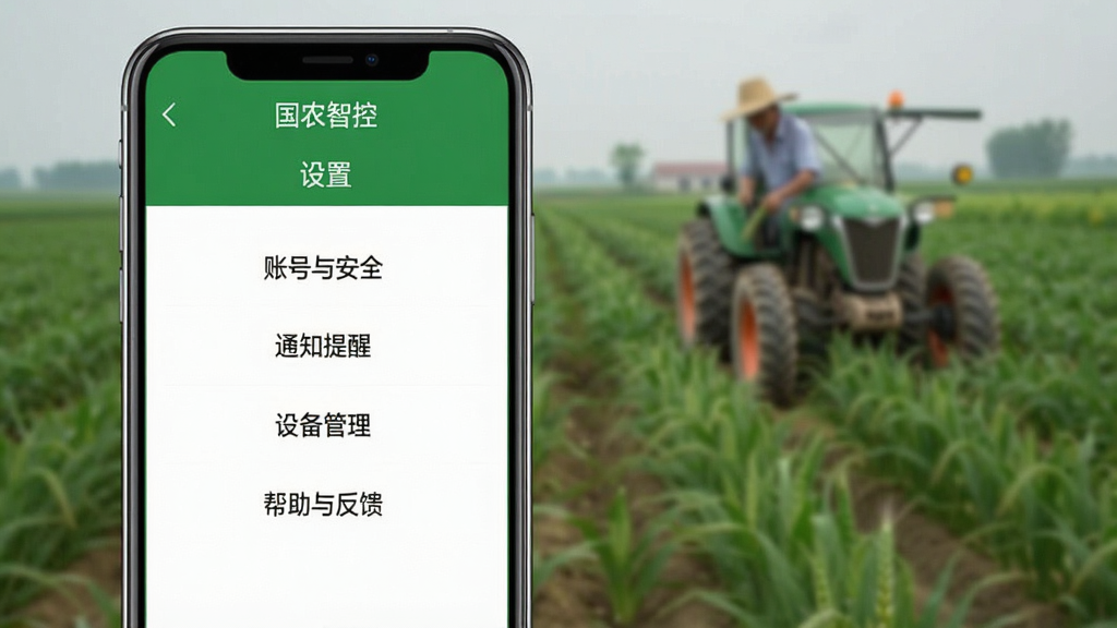 ͼƬ������һ�������ֻ���ͼ����ʾ����ũ�ǿء�APP�ġ����á�ҳ�棬�С��˺��밲ȫ������֪ͨ���ѡ������豸���������������뷴������ѡ�ҳ������ɫ�Ͱ�ɫΪ������������������Ϊ�黯��ũ����ʸɾ�������࣬�޶���Ԫ��