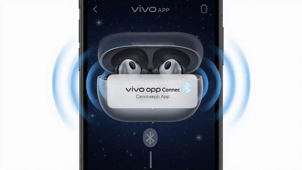 vivo耳机APP界面展示弹窗连接动画,手机屏幕中央出现耳机盒的3D模型,周围有波浪状蓝牙信号扩散,背景为深蓝色星空风格,科技感十足,画质细腻干净无多余元素