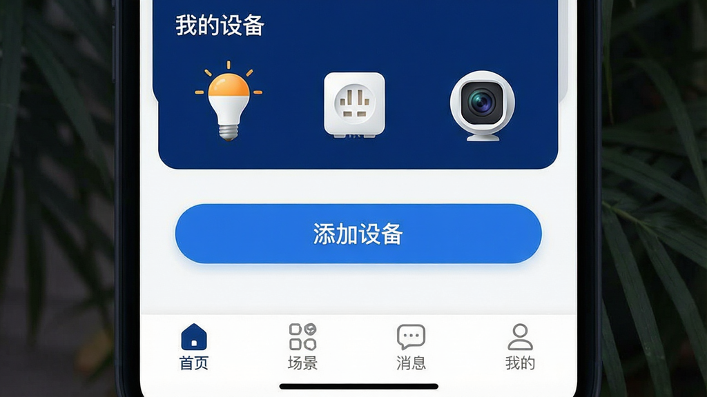 һ��չʾ��ά����App������ĸ����ͼ���������ִ���࣬������ɫ�Ͱ�ɫΪ��ɫ����������ʾ���ҵ��豸���б����������ܵ��ݡ����ܲ���������ͷͼ�꣬�м���һ����Ŀ�ġ������豸����ɫ��ť���ײ��������С���ҳ������������������Ϣ�������ҵġ��ĸ�ѡ������岼��������ͼ��Բ�󣬻��ʸɾ��޶���Ԫ��