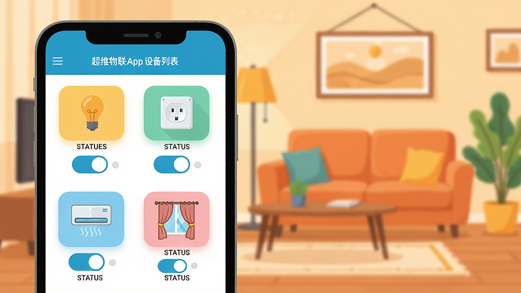 һ��չʾ��ά����App�豸�б�����Ĳ�ͼ����������ܰ�Ŀ�����ǰ���ֻ���Ļ����ʾ��������豸ͼ������ݡ��������յ���������ÿ��ͼ���¶��п��ذ�ť��״̬���֣�������Ʊ�ƽ����ɫ�����������ʸɾ��޶���Ԫ��