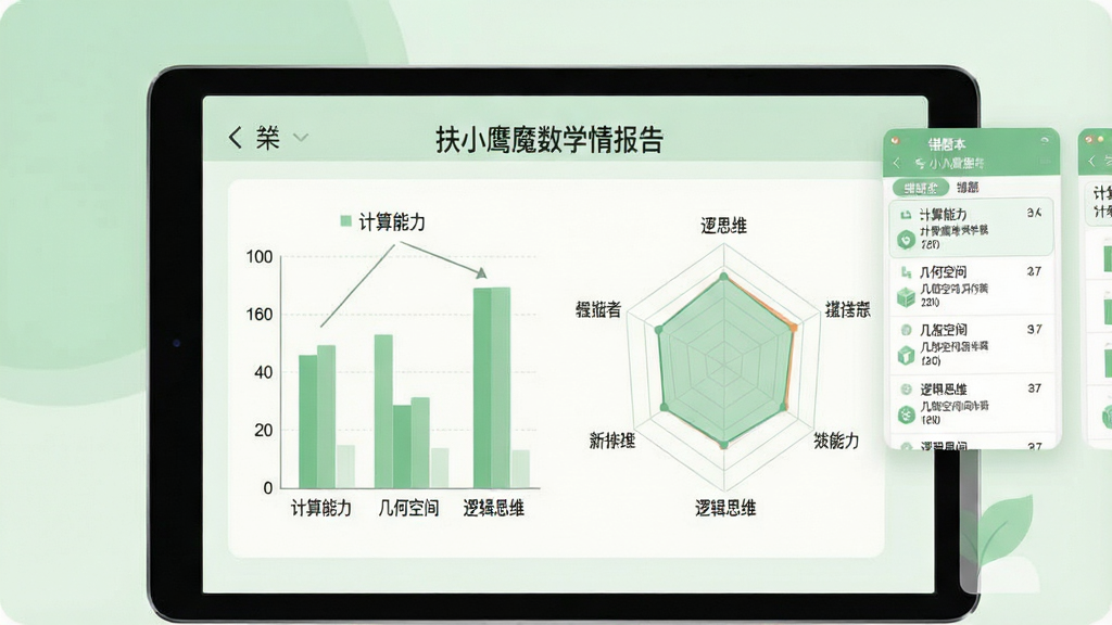 一张扶小鹰魔数学情报告界面的展示图,画面以平板电脑为主体,屏幕中显示柱状图与雷达图,标注着“计算能力”、“几何空间”、“逻辑思维”等维度,旁边有错题本列表缩略图,整体色调为柔和的绿色与白色,布局简洁,扁平化数据可视化风格,细节清晰,画质干净无多余元素