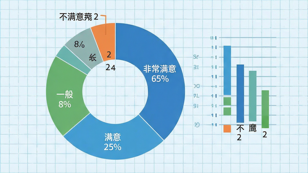 一张扶小鹰魔数用户满意度调查数据图,主体是一个大圆环饼状图,分为四部分,分别标注“非常满意”占65%、“满意”占25%、“一般”占8%、“不满意”占2%,饼图右侧有竖条状图例,背景是淡蓝色网格纸,整体布局清晰,扁平化信息图表风格,细节精确,画质干净无多余元素