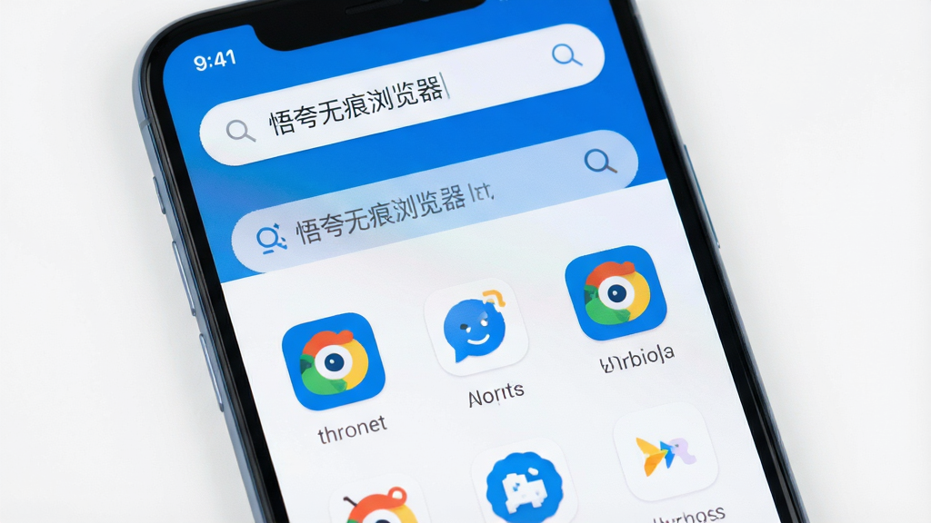 一张手机屏幕特写,背景干净,手机界面显示“悟夸无痕浏览器”主屏幕,上方有地址栏和搜索框,中间是几个常用网站图标,整体风格极简扁平,蓝白主色调,画质高清,光线柔和,干净无多余元素