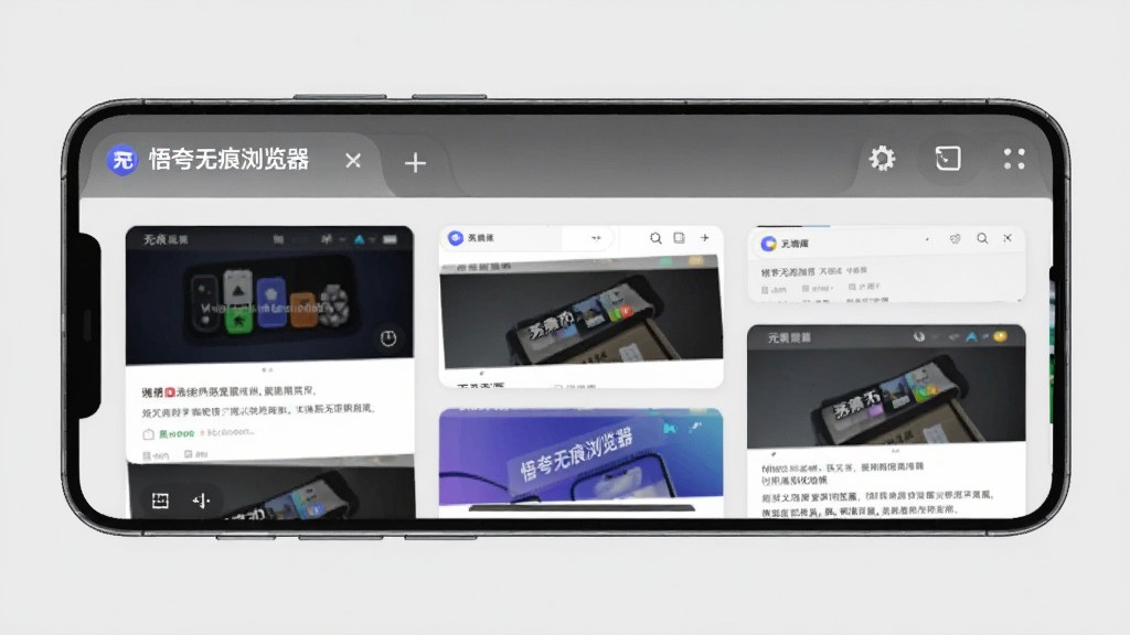 一部手机横屏显示“悟夸无痕浏览器”的标签页管理界面,多张网页卡片排列整齐,顶部有“无痕”标识,界面简洁,背景浅灰色,画质清晰