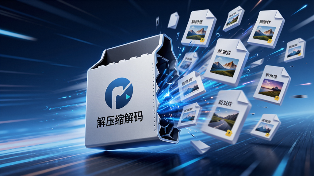 图片主体是抽象化的极速通道,一个压缩包图标正在被飞速拆解,飞散出许多文件图标。整体构图动感十足,背景有速度线特效。风格为科技感插画,排版具有冲击力。细节上,压缩包上印着“解压缩解码”的Logo,飞出的文件有清晰的文字和图片预览。画质高亮干净,无多余元素。