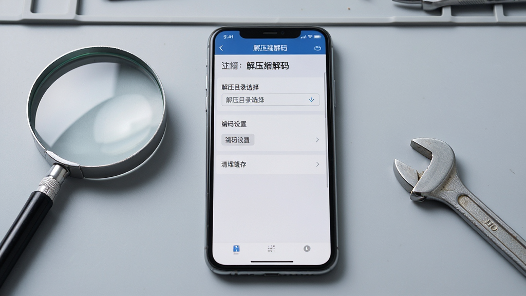 图片主体为一部手机屏幕显示“解压缩解码”的设置界面,界面上有“解压目录选择”、“编码设置”、“清理缓存”等选项。手机旁边放着一个放大镜和一个小扳手工具。背景是浅灰色的工作台。布局为手机居中,两侧放置工具。风格为写实摄影风格,细节清晰可见,画质干净无多余元素。