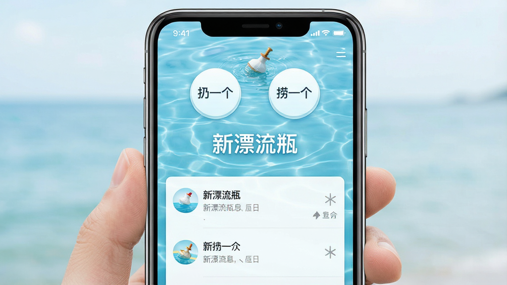 һ��չʾ�����ֻ���Ļ��ͼƬ����Ļ������ʾ����Ư��ƿ��APP�������棬������ǳ��ɫ����Ϊ���⣬���峺��ˮ����Ч�������涥���С���һ����������һ��������Բ�ΰ�ť���·�����Ϣ�б��������������£����ʸɾ��޶���Ԫ��