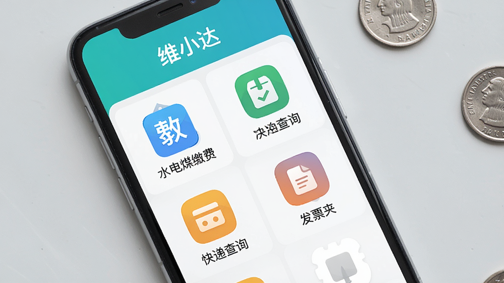 一张手机应用界面的俯拍图,界面显示“维小达”的聚合服务菜单,图标排列整齐,包含水电煤缴费、快递查询、发票夹等功能,每个图标下面有简短的文字标签,背景是浅灰色桌面,旁边散落着几枚硬币,画面简洁明亮,扁平化设计,画质干净无多余元素。