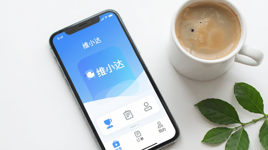 一幅展示智能手机屏幕的图片,屏幕中央显示“维小达”APP的主界面,背景是简洁的蓝白渐变,界面布局清晰,有“服务”、“订单”、“我的”等标签,手机旁边放置一杯咖啡和几片绿叶,整体风格明亮、扁平化、现代感强,画质干净无多余元素。