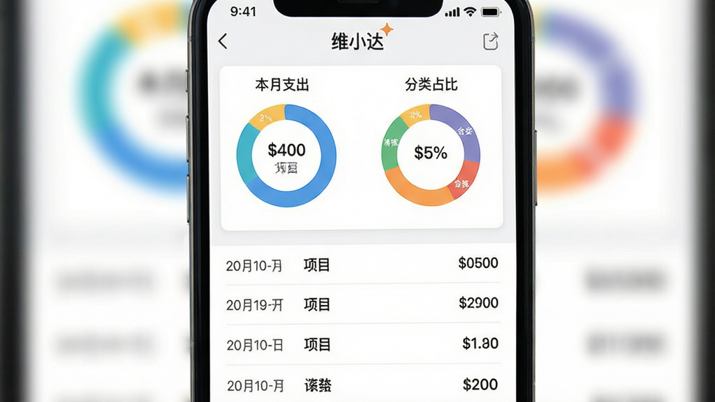 一张手机屏幕截图风格的图片,展示“维小达”的账单统计页面,页面顶部有“本月支出”和“分类占比”的环形图,下方是逐条账单列表,每条记录有日期、项目和金额,整体配色清晰易读,背景虚化处理,突出数据内容,现代扁平风格,画质干净无多余元素。