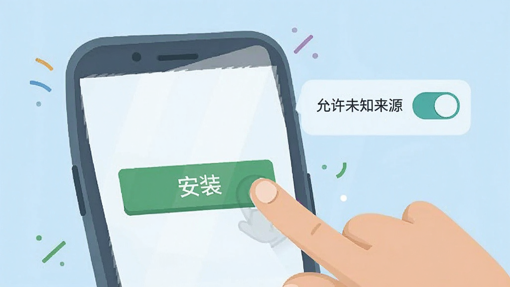 一张展示手机安装应用步骤的插画,画面上有一只手指正在点击手机屏幕上的“安装”按钮,旁边有“允许未知来源”的开关图标,背景为浅蓝色,整体风格简洁直观,教育性强,扁平化设计,画质干净无多余元素。
