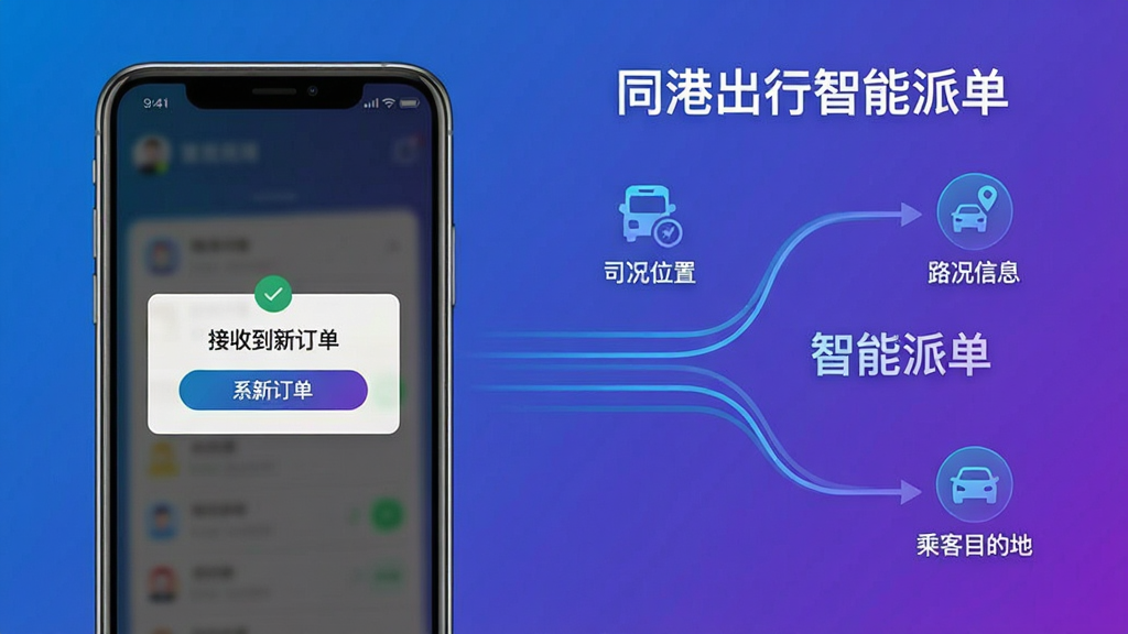 一张示意图展示同港出行智能派单逻辑,左侧为司机手机屏幕显示“接收到新订单”弹窗,右侧用流动线条和图标表示系统算法正在分析司机位置、路况信息和乘客目的地,画面中标注“同港出行智能派单”字样,风格科技感强,蓝紫渐变色调,画质干净无多余元素。