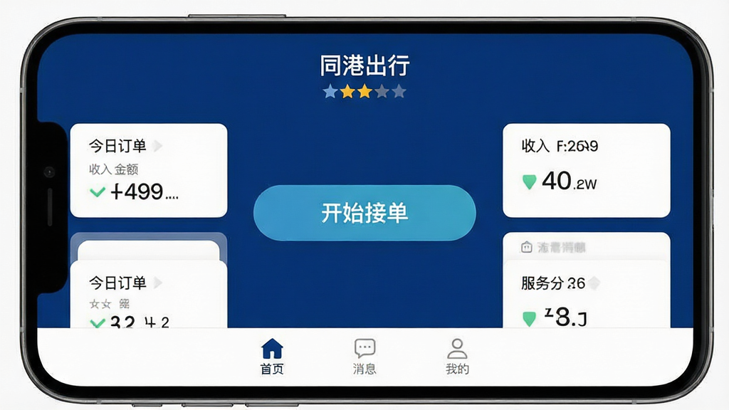 一张高清手机截图,展示同港出行司机端主界面,风格简洁现代,以深蓝色为主色调,顶部显示“同港出行”字样和司机星级,中间区域突出显示“开始接单”大按钮,周围环绕今日订单数、收入金额、服务分等数据卡片,底部导航栏有首页、消息、我的三个选项,整体布局清晰,画质干净无多余元素。