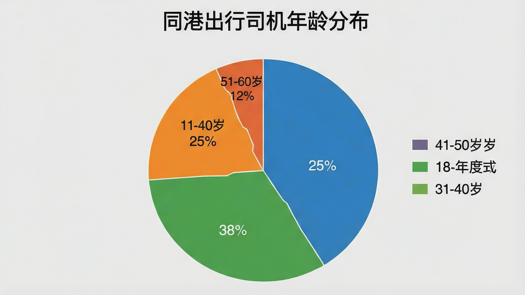 一张饼状图展示同港出行用户年龄分布,图表标题为“同港出行司机年龄分布”,图中分为四个色块:18-30岁占25%,31-40岁占38%,41-50岁占25%,51-60岁占12%,图例清晰,背景为浅灰色,风格简洁商务,画质干净无多余元素。