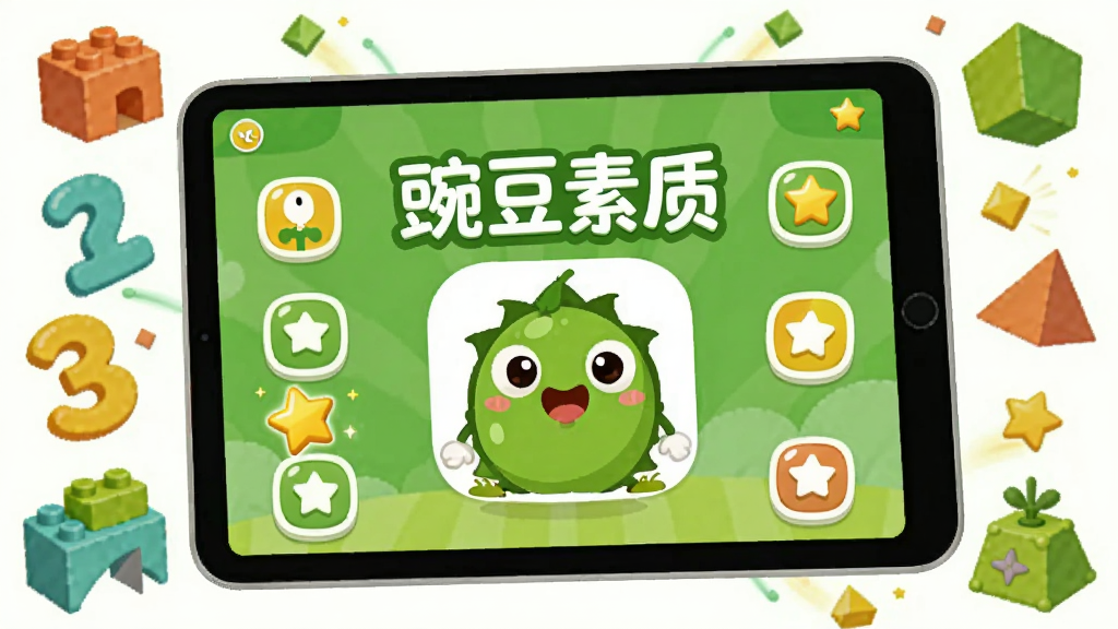 ��������Ϊ���㶹���ʡ�App�Ŀ�ͨ�����棬չʾ��ƽ�������Ļ�У���Ļ��Χ�в�ɫ��ľ�����֡�����ͼ�ε�Ԫ��Ư�������ֲ������Ĺ�ͼ��App���������������ʾ���㶹���ʡ��ĸ��ֺ���ɫ�㶹���������Ԫ�ػ��ơ��Ű���ã�ɫ����������ɫ�ͻ�ɫΪ��ɫ�������Ϊ��ƽ����ͯ�廭�磬ϸ�ڰ���Բ��ͼ�ꡢ���ǽ�����Ч�����ʸ���ɾ����޶���Ԫ�ء�