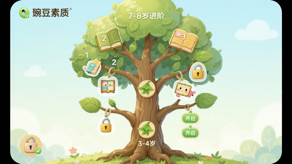 ��������Ϊ���㶹���ʡ�App�Ŀγ̷ּ��б����棬��һ�óɳ�������ʽչʾ��ͬ����εĿγ�ģ�飬������3-4�������������7-8����ס�����Ϊ����ṹ��ÿ������Ϲ��ſγ�ͼ������ַ��š��Ű�������ɫ����ͣ����Ϊ��ͯ�����廭��ϸ�ڰ������㶹���ʡ�������С���Ϳ���״̬�Ŀγ̽ڵ㡣���ʸɾ��޶���Ԫ�ء�
