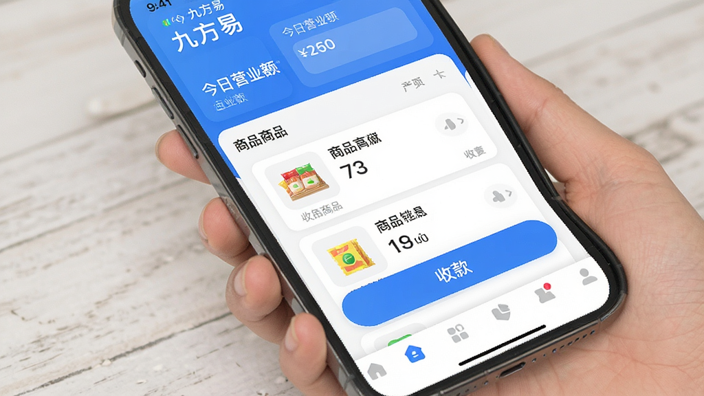һ���ֻ��������ͼ���ͼƬ������Ϊ���ŷ��ס�app������̨ҳ�棬��������չʾ��������Ӫҵ��в���Ʒ�б����տť���·�Ϊ�ײ����������������ƽ������ɫ�����״��䣬ϸ��Բ�󣬻��ʸɾ��޶���Ԫ��