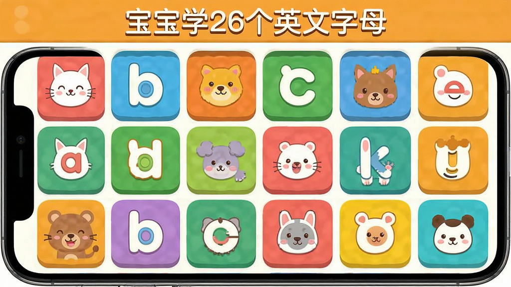 �ֻ�Ӧ�ý����ͼ��������ǲ�ɫ��ĸ��Ƭ���г�����ÿ�ſ�Ƭ����һ���ɰ��Ķ�������Ͷ�Ӧ��Ӣ����ĸ�������С�����ѧ26��Ӣ����ĸ���ı����������沼������������ƽ����ϸ��Բ�󣬻��ʸɾ��޶���Ԫ��