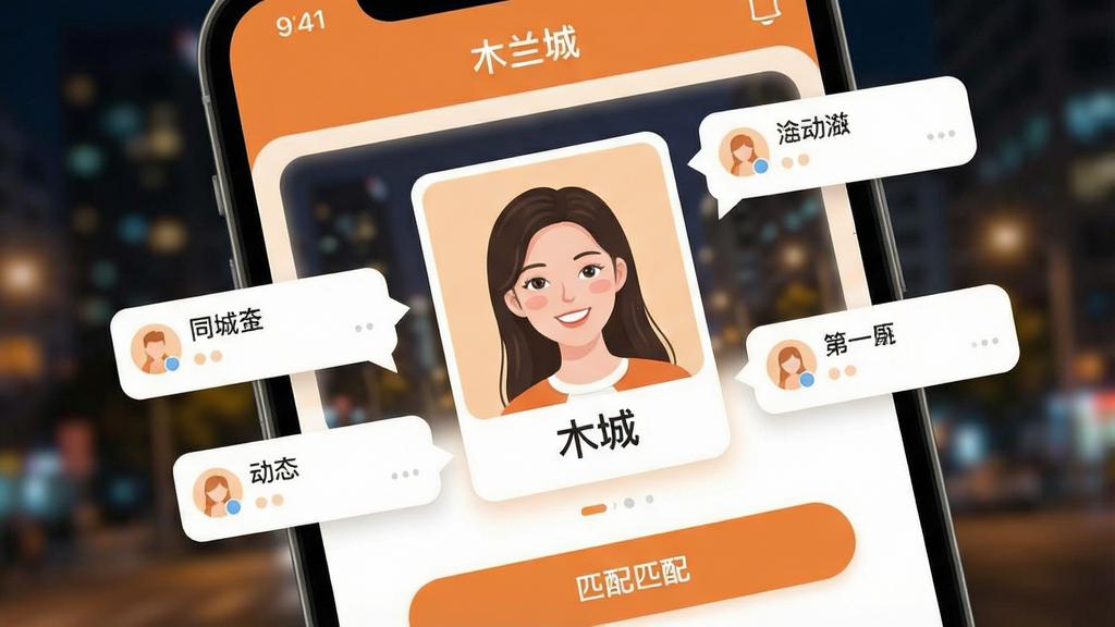 һ���ֻ���Ļ��д��չʾ��ľ���ǡ�APP�������棬����������һλ΢Ц������Ů���û�ͷ��Ƭ����Χ����������ͬ�Ƕ�̬���ݺ�ƥ�䰴ť��������ģ���ĳ���ҹ���ƹ⣬���������ů�ĳȰ���ɫ����ƽ����Ʒ�����岼�����������ʸɾ��޶���Ԫ��