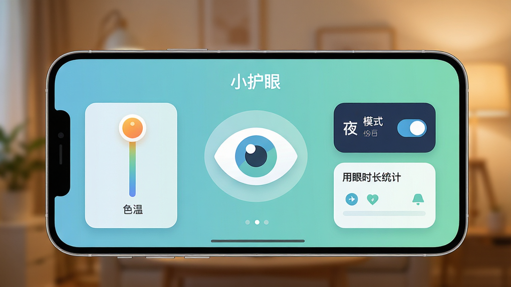 һ��չʾ�����ֻ��������棬��Ļ��ʾ��С���ۡ�APP�����棬��������͵�����ɫ����Ϊ����������һ�������۾�ͼ�꣬��Χ������ɫ�µ��ڻ��ˡ�ҹ��ģʽ���ء�����ʱ��ͳ�Ƶ������Ĺ��ܿ�Ƭ��������ģ��������ů�⻷��������ɾ�����������ִ���ƽ��ϸ�ڷḻ�����ʸ��壬�޶���Ԫ�ء�